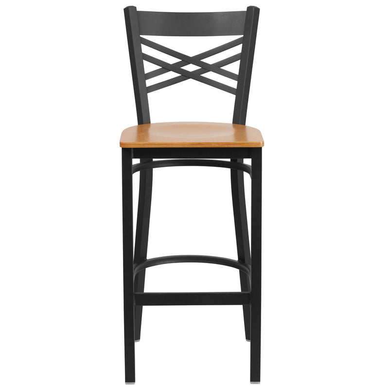 SINGLEWAVE Series Black ''X'' Back Metal Restaurant Barstool - Natural Wood Seat