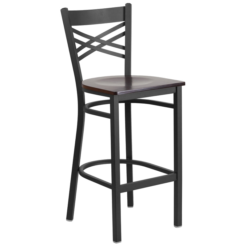 SINGLEWAVE Series Black ''X'' Back Metal Restaurant Barstool - Walnut Wood Seat