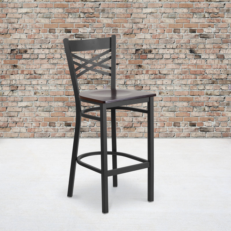 SINGLEWAVE Series Black ''X'' Back Metal Restaurant Barstool - Walnut Wood Seat