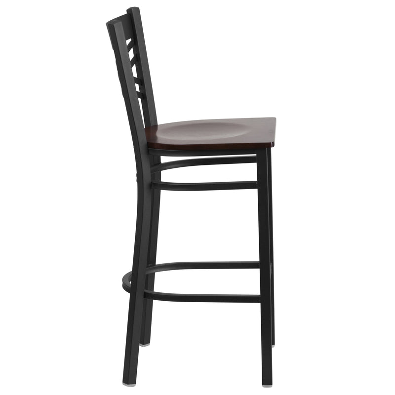 SINGLEWAVE Series Black ''X'' Back Metal Restaurant Barstool - Walnut Wood Seat