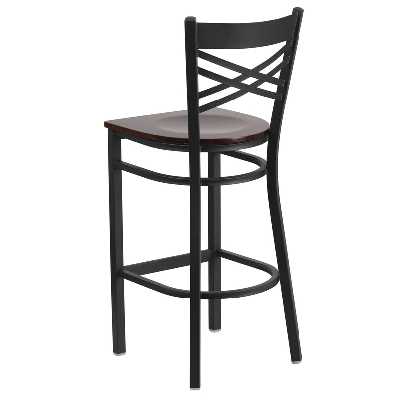 SINGLEWAVE Series Black ''X'' Back Metal Restaurant Barstool - Walnut Wood Seat