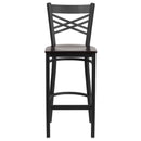 SINGLEWAVE Series Black ''X'' Back Metal Restaurant Barstool - Walnut Wood Seat