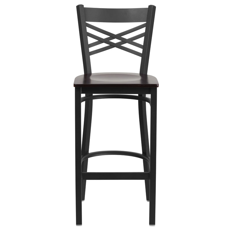 SINGLEWAVE Series Black ''X'' Back Metal Restaurant Barstool - Walnut Wood Seat