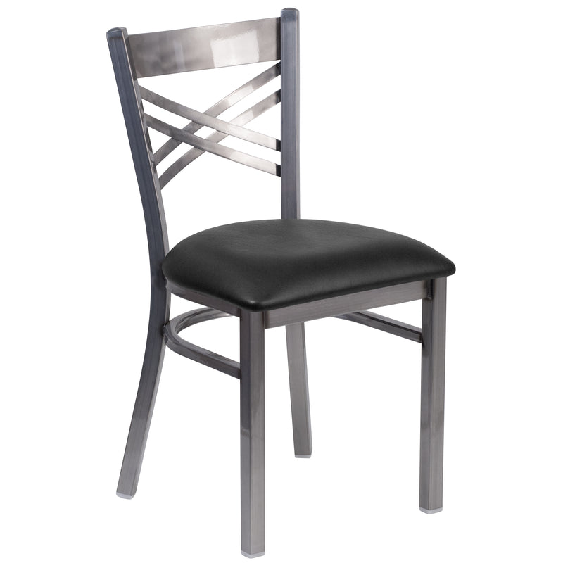 SINGLEWAVE Series Clear Coated ''X'' Back Metal Restaurant Chair - Black Vinyl Seat