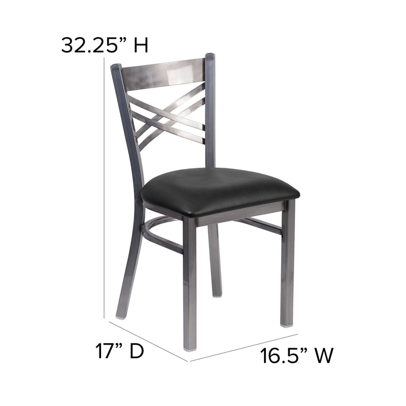 SINGLEWAVE Series Clear Coated ''X'' Back Metal Restaurant Chair - Black Vinyl Seat