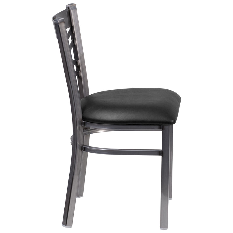 SINGLEWAVE Series Clear Coated ''X'' Back Metal Restaurant Chair - Black Vinyl Seat