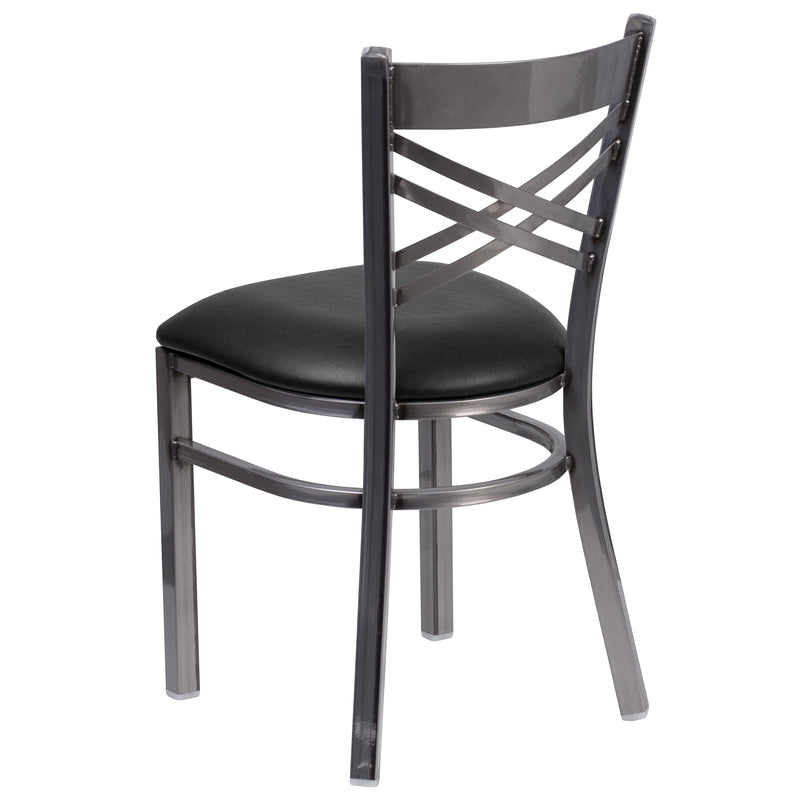 SINGLEWAVE Series Clear Coated ''X'' Back Metal Restaurant Chair - Black Vinyl Seat