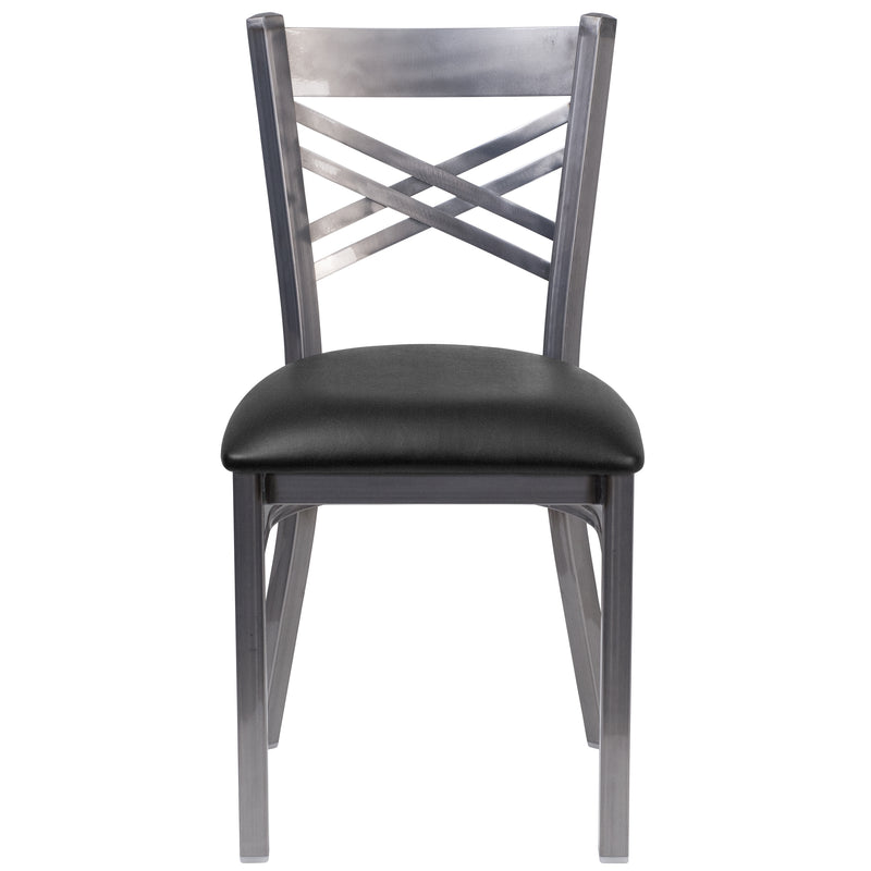 SINGLEWAVE Series Clear Coated ''X'' Back Metal Restaurant Chair - Black Vinyl Seat