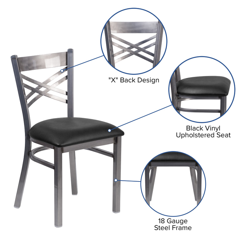 SINGLEWAVE Series Clear Coated ''X'' Back Metal Restaurant Chair - Black Vinyl Seat