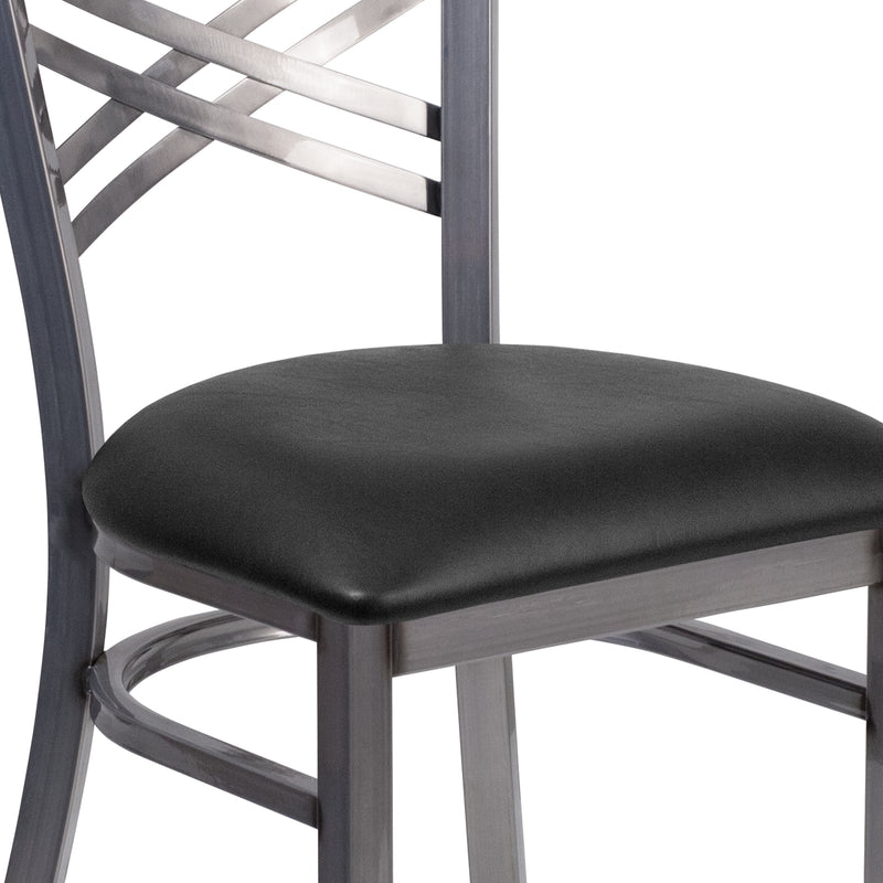 SINGLEWAVE Series Clear Coated ''X'' Back Metal Restaurant Chair - Black Vinyl Seat