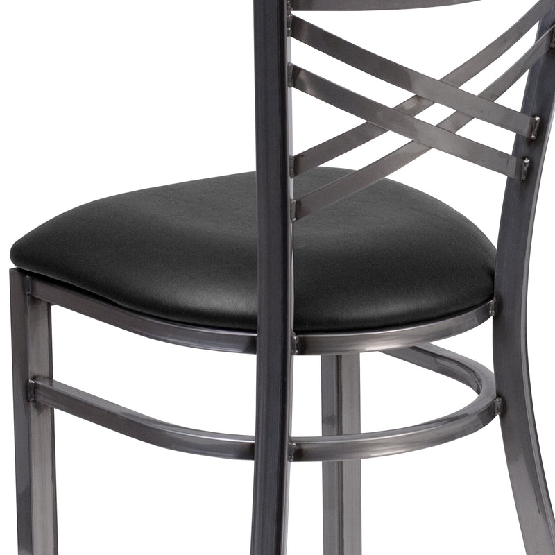 SINGLEWAVE Series Clear Coated ''X'' Back Metal Restaurant Chair - Black Vinyl Seat