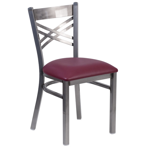 SINGLEWAVE Series Clear Coated ''X'' Back Metal Restaurant Chair - Burgundy Vinyl Seat