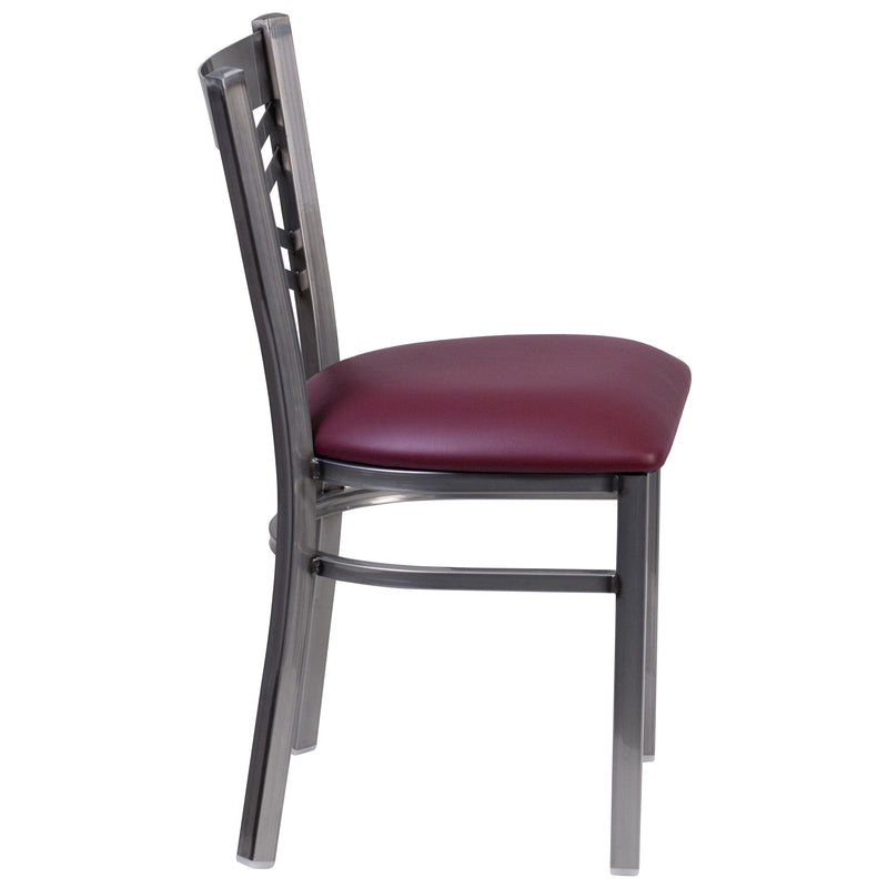 SINGLEWAVE Series Clear Coated ''X'' Back Metal Restaurant Chair - Burgundy Vinyl Seat