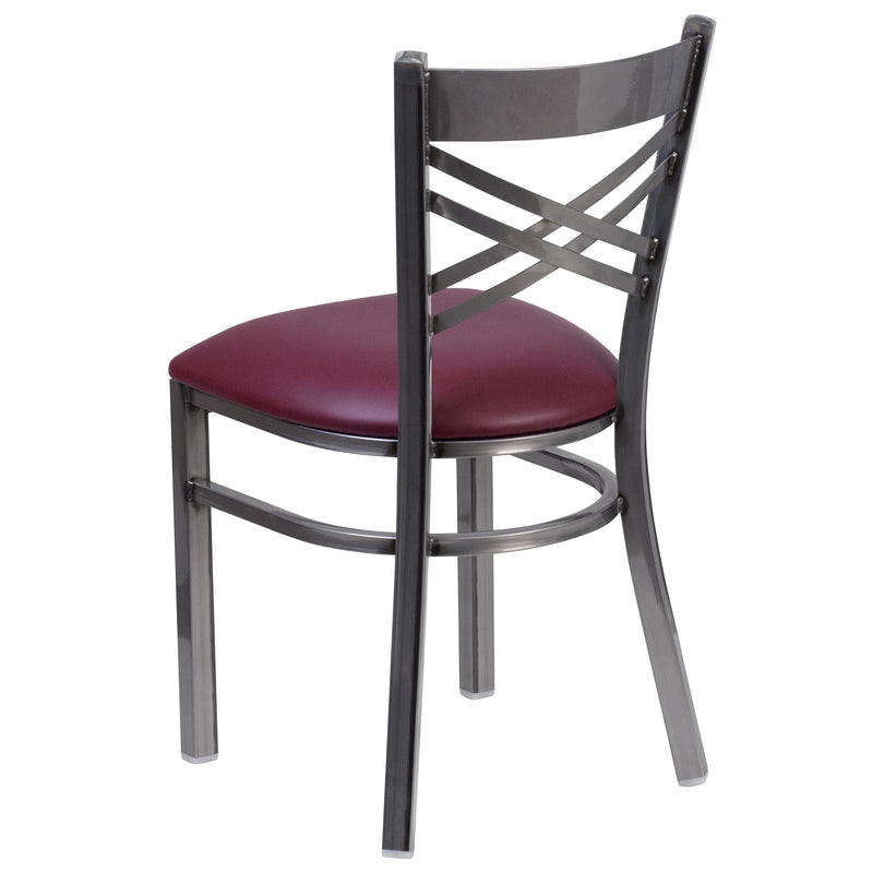 SINGLEWAVE Series Clear Coated ''X'' Back Metal Restaurant Chair - Burgundy Vinyl Seat