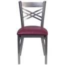 SINGLEWAVE Series Clear Coated ''X'' Back Metal Restaurant Chair - Burgundy Vinyl Seat