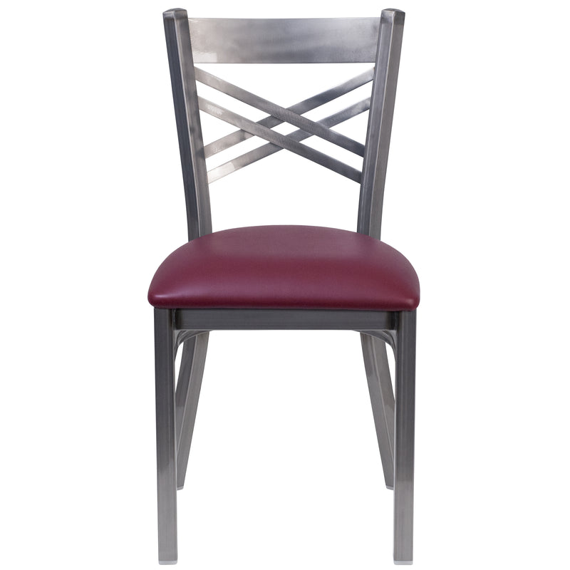 SINGLEWAVE Series Clear Coated ''X'' Back Metal Restaurant Chair - Burgundy Vinyl Seat