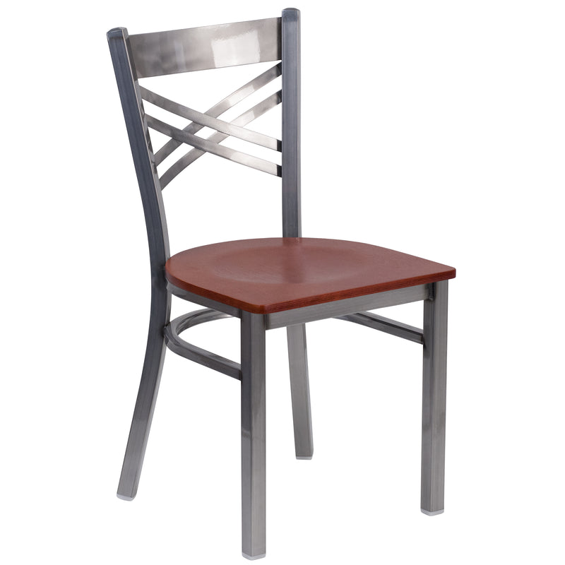 SINGLEWAVE Series Clear Coated ''X'' Back Metal Restaurant Chair - Cherry Wood Seat