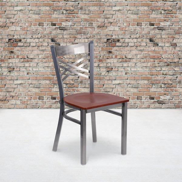 SINGLEWAVE Series Clear Coated ''X'' Back Metal Restaurant Chair - Cherry Wood Seat