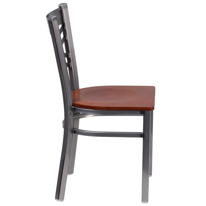 SINGLEWAVE Series Clear Coated ''X'' Back Metal Restaurant Chair - Cherry Wood Seat