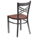 SINGLEWAVE Series Clear Coated ''X'' Back Metal Restaurant Chair - Cherry Wood Seat
