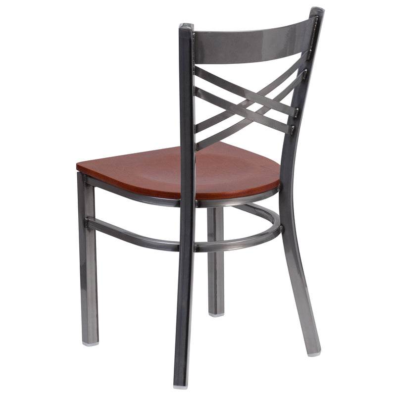 SINGLEWAVE Series Clear Coated ''X'' Back Metal Restaurant Chair - Cherry Wood Seat