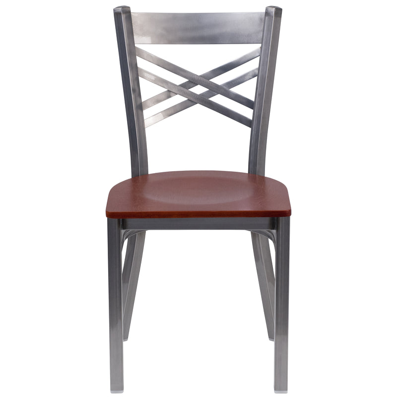 SINGLEWAVE Series Clear Coated ''X'' Back Metal Restaurant Chair - Cherry Wood Seat