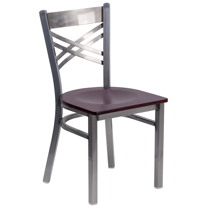 SINGLEWAVE Series Clear Coated ''X'' Back Metal Restaurant Chair - Mahogany Wood Seat