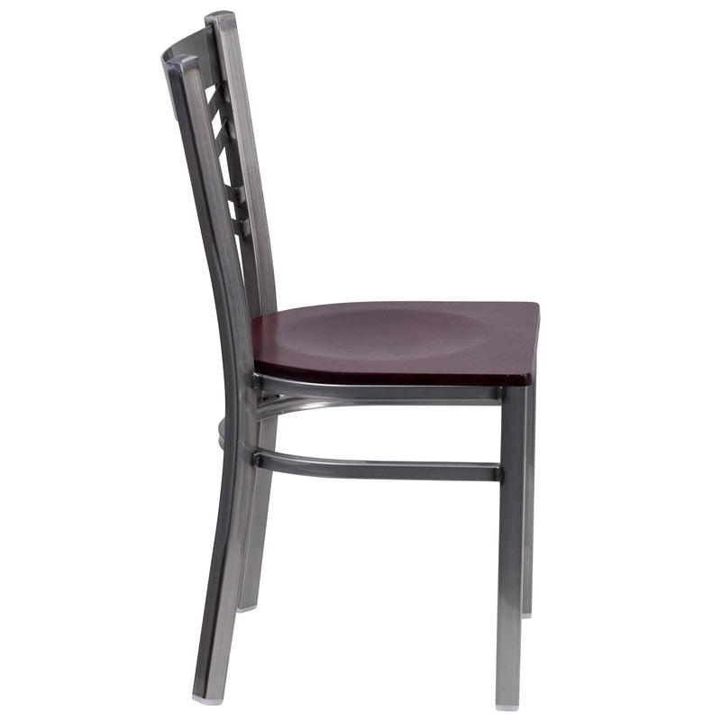 SINGLEWAVE Series Clear Coated ''X'' Back Metal Restaurant Chair - Mahogany Wood Seat