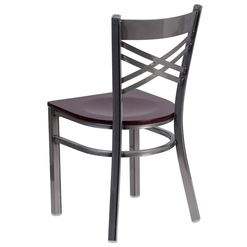 SINGLEWAVE Series Clear Coated ''X'' Back Metal Restaurant Chair - Mahogany Wood Seat