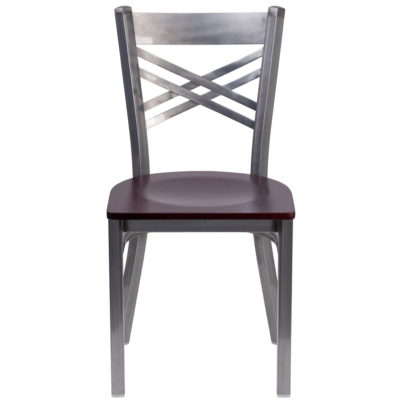 SINGLEWAVE Series Clear Coated ''X'' Back Metal Restaurant Chair - Mahogany Wood Seat