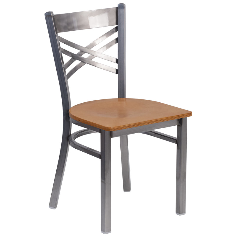 SINGLEWAVE Series Clear Coated ''X'' Back Metal Restaurant Chair - Natural Wood Seat