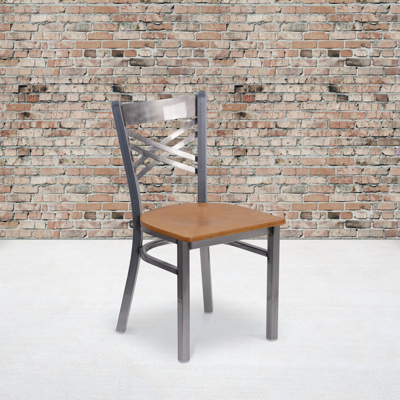 SINGLEWAVE Series Clear Coated ''X'' Back Metal Restaurant Chair - Natural Wood Seat