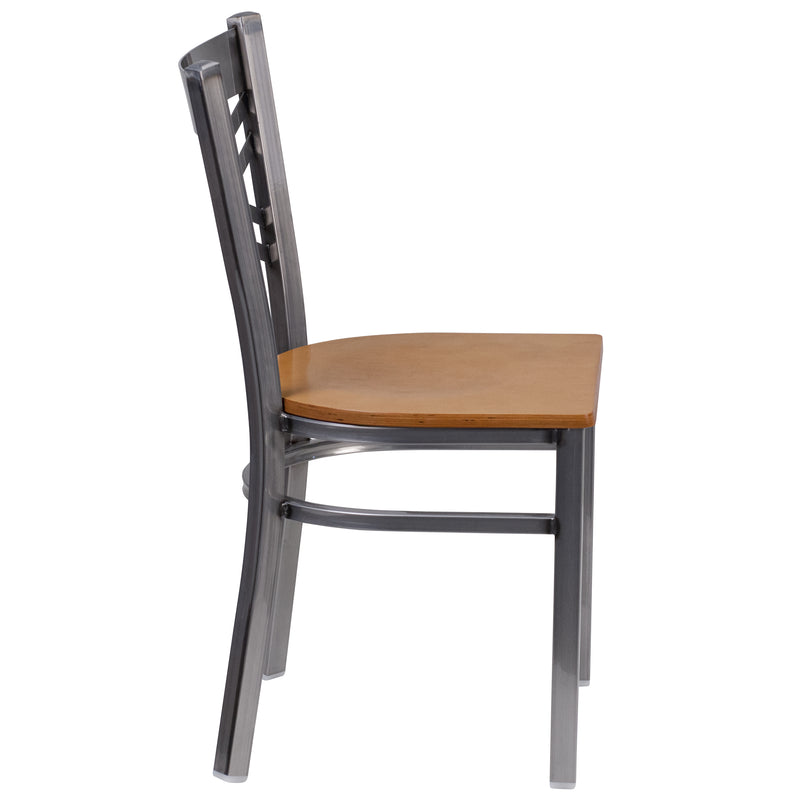 SINGLEWAVE Series Clear Coated ''X'' Back Metal Restaurant Chair - Natural Wood Seat