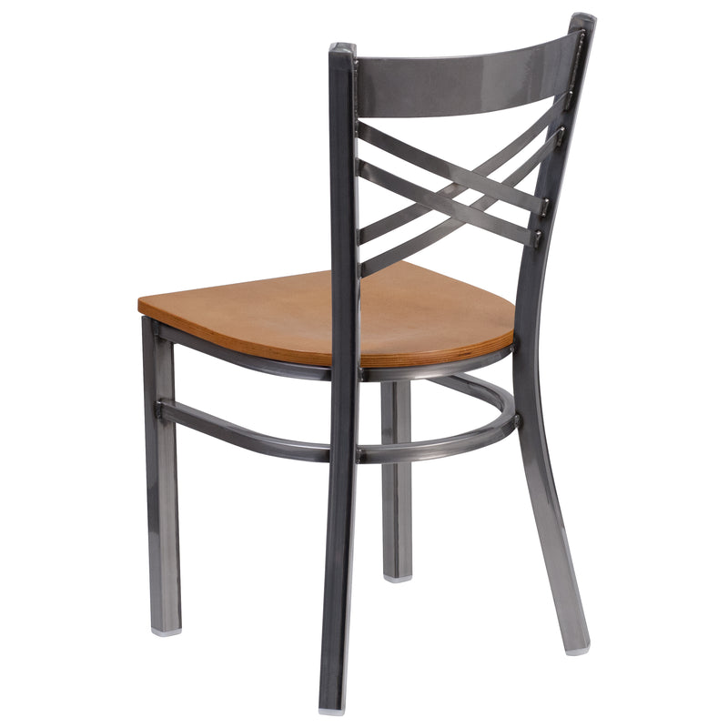 SINGLEWAVE Series Clear Coated ''X'' Back Metal Restaurant Chair - Natural Wood Seat