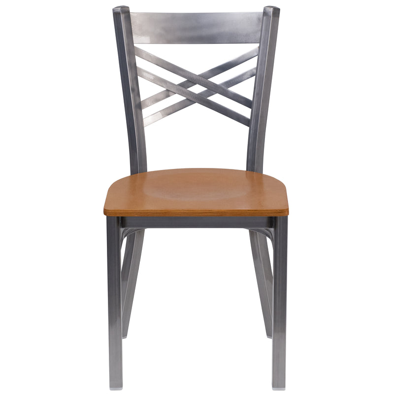 SINGLEWAVE Series Clear Coated ''X'' Back Metal Restaurant Chair - Natural Wood Seat