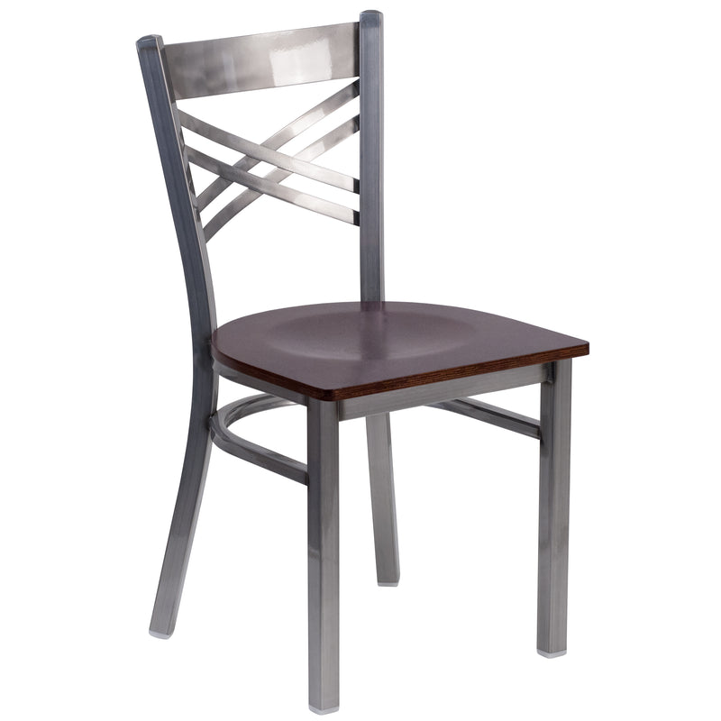 SINGLEWAVE Series Clear Coated ''X'' Back Metal Restaurant Chair - Walnut Wood Seat