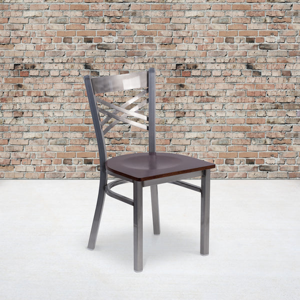 SINGLEWAVE Series Clear Coated ''X'' Back Metal Restaurant Chair - Walnut Wood Seat