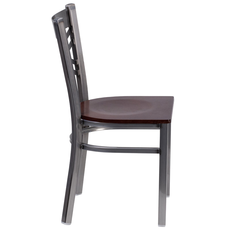 SINGLEWAVE Series Clear Coated ''X'' Back Metal Restaurant Chair - Walnut Wood Seat