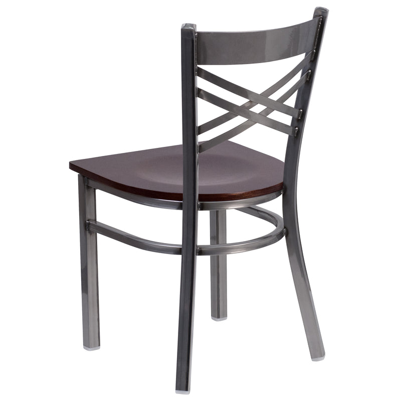 SINGLEWAVE Series Clear Coated ''X'' Back Metal Restaurant Chair - Walnut Wood Seat