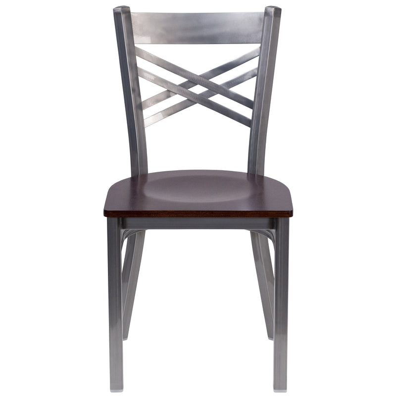 SINGLEWAVE Series Clear Coated ''X'' Back Metal Restaurant Chair - Walnut Wood Seat