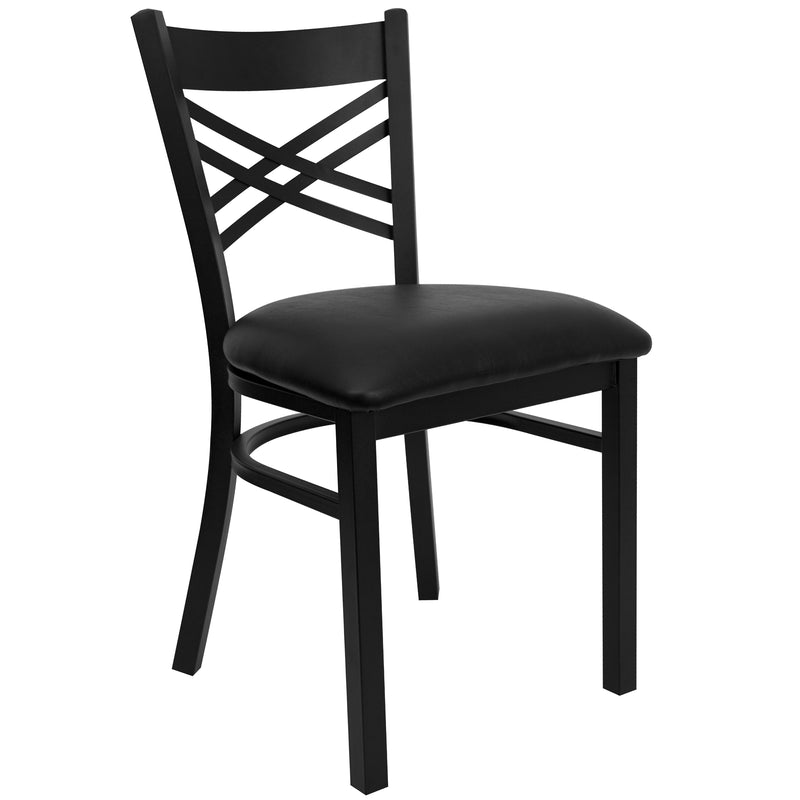 SINGLEWAVE Series Black ''X'' Back Metal Restaurant Chair - Black Vinyl Seat