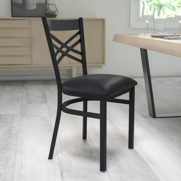 SINGLEWAVE Series Black ''X'' Back Metal Restaurant Chair - Black Vinyl Seat