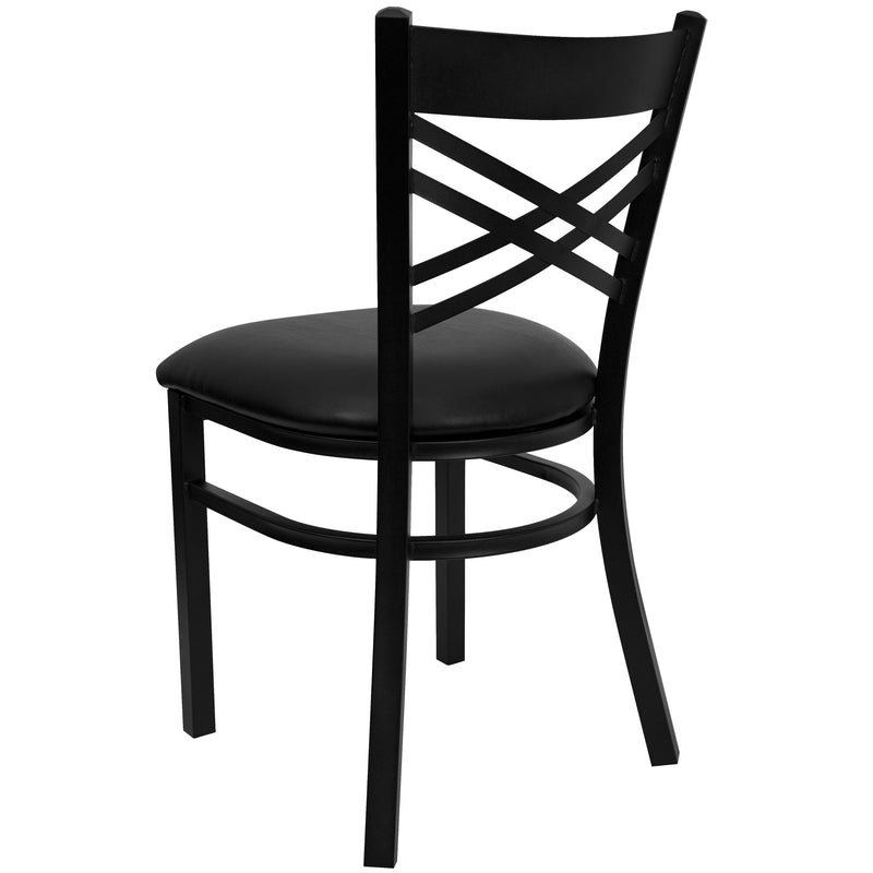 SINGLEWAVE Series Black ''X'' Back Metal Restaurant Chair - Black Vinyl Seat