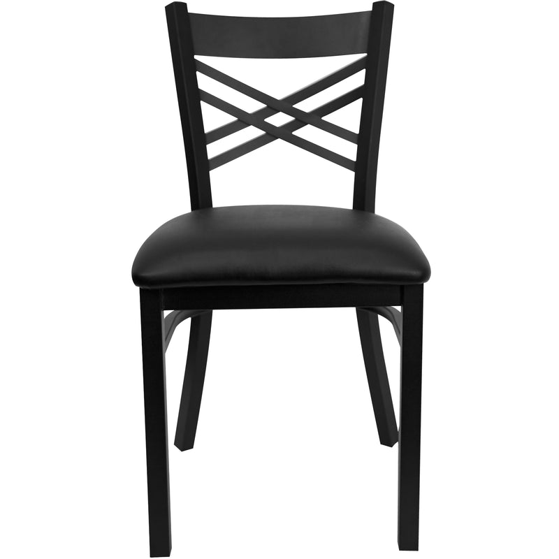 SINGLEWAVE Series Black ''X'' Back Metal Restaurant Chair - Black Vinyl Seat