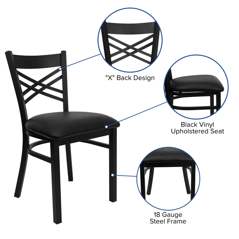 SINGLEWAVE Series Black ''X'' Back Metal Restaurant Chair - Black Vinyl Seat