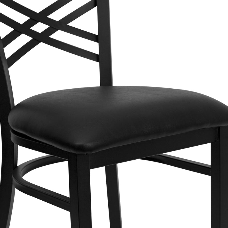 SINGLEWAVE Series Black ''X'' Back Metal Restaurant Chair - Black Vinyl Seat