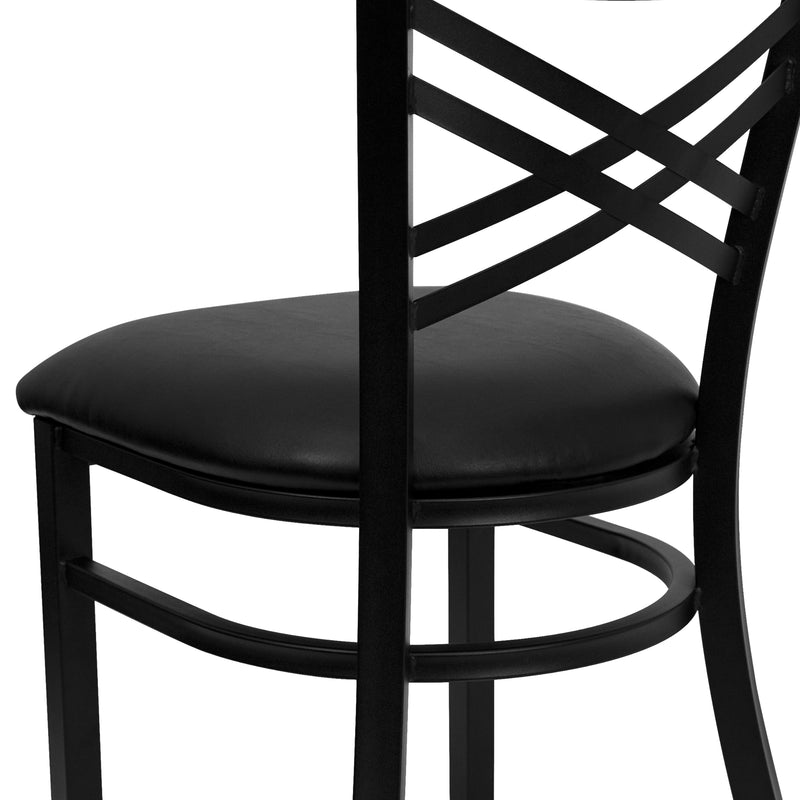 SINGLEWAVE Series Black ''X'' Back Metal Restaurant Chair - Black Vinyl Seat