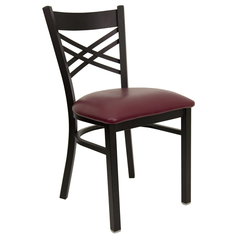 SINGLEWAVE Series Black ''X'' Back Metal Restaurant Chair - Burgundy Vinyl Seat