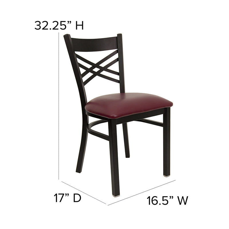 SINGLEWAVE Series Black ''X'' Back Metal Restaurant Chair - Burgundy Vinyl Seat