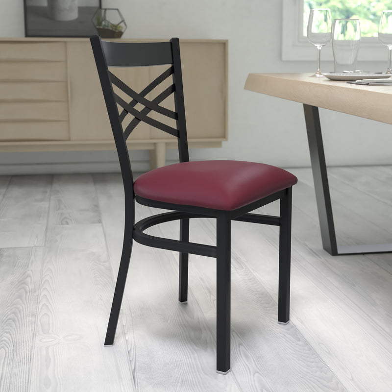 SINGLEWAVE Series Black ''X'' Back Metal Restaurant Chair - Burgundy Vinyl Seat